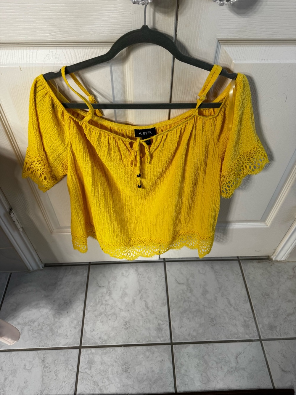 A. Byer Yellow Off-Shoulder Tie-Front Crochet Crop Top